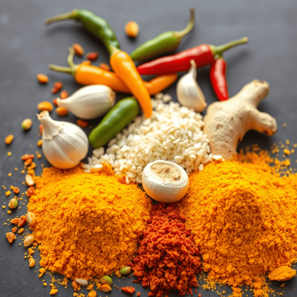 Colorful Nigerian spices including chilli pepper, garlic, and ginger in both whole and powdered form