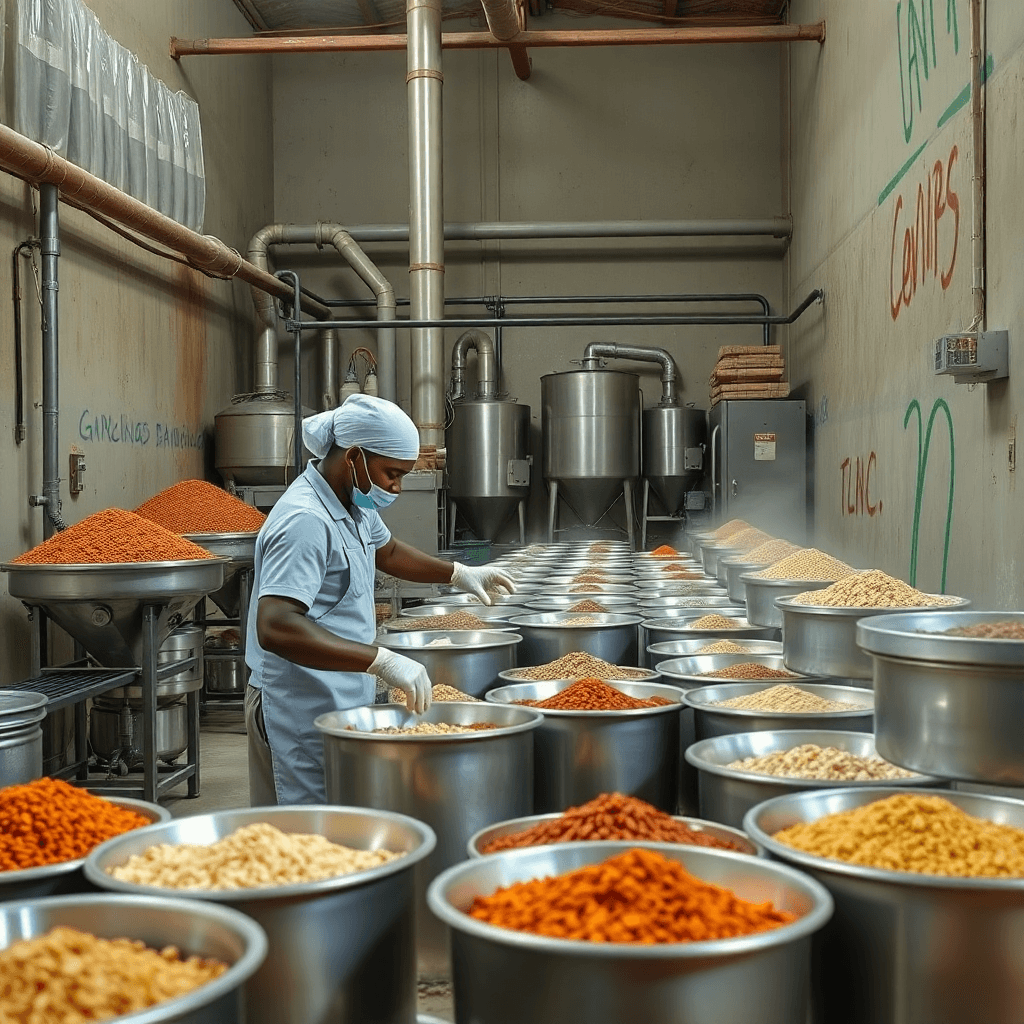Professional agricultural export facility with workers processing spices and grains, Nigeria